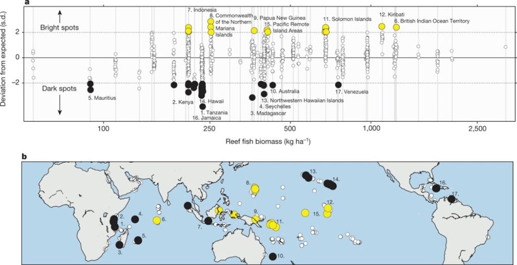 Figure 2: Bright and dark spots among the world’s coral reefs a, Each site’s deviation from expected biomass (y axis) along a gradient of nation/state mean biomass (x axis). The 50 sites with biomass values >2 standard deviations above or below expected values were considered bright (yellow) and dark (black) spots, respectively. Each grey vertical line represents a nation/state; those with bright or dark spots are labelled and numbered. There can be multiple bright or dark spots in each nation/state. b, Map highlighting bright and dark spots with large circles, and other sites in small circles. Numbers correspond to panel a.